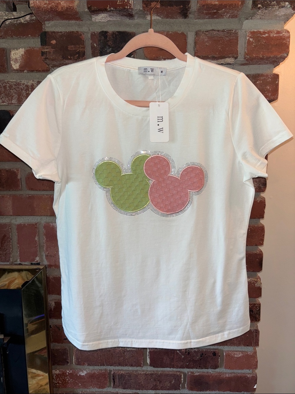m.W Boutique White Tee Mickey & Minnie Mouse Sparkle Women’s Size Medium